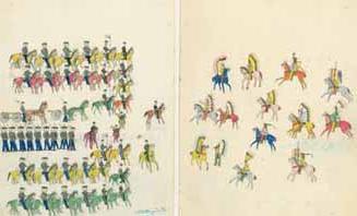U.S. Cavalry and Native Americans Ink, watercolor, colored pencil on wove lined paper