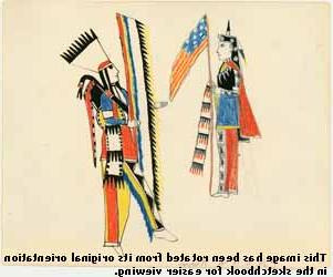 印第安人与U.S. 旗帜墨水，彩色铅笔在编织纸上
